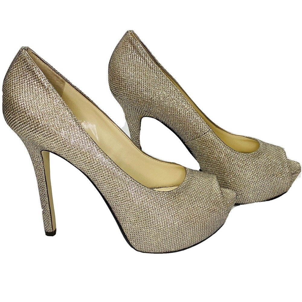 ENZO ANGIOLINI  Womens Size 8.5 M Gold Mesh Fabric Open Toe Stiletto Platform